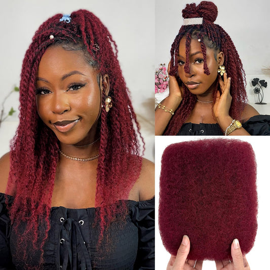 Serreal Afro Kinkys Bulk Human Hair for Braiding Burgundy Afro Kinky-curly Human Hair Bulk for Twist 10 Inch Soft Kinkycurly Bundles for Mini Twists Braids or Micro Locs Extensions