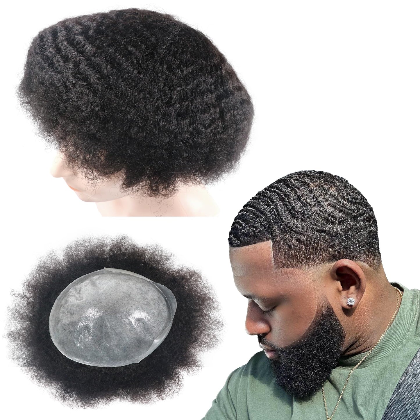 lumeng Afro Toupee Hair for Black Men african american wigs kinky-curly Mans Units PU Mens Wigs Human Hair System 8MM Afro Curl 360 waves Unit 8x10 Male Hairpieces 1B Off Black