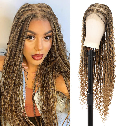 Olymei 360° HD Full Lace Front Knotless Braided Wigs for Black Women Boho Braided Wigs with Baby Hair Box Braid Wig Premium Synthetic Braid Lace Front Wig with Curly End Light Brown 36"
