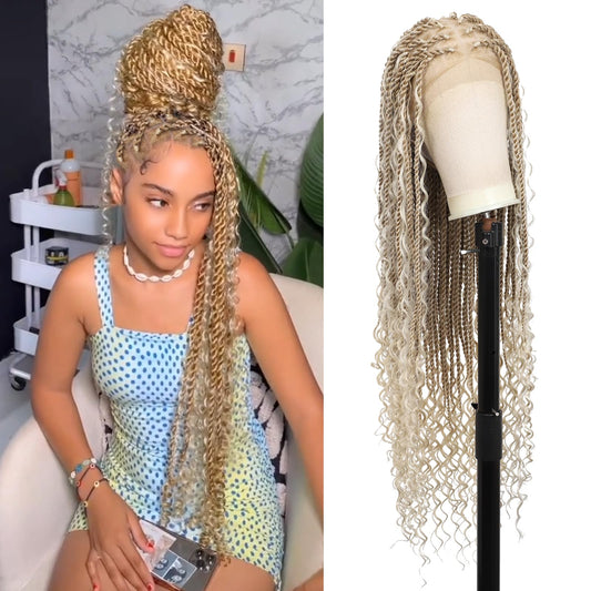 Kalyss HD Full Lace Boho Braided Wigs for Women 360 Lace Front Twist Braided Wigs with Baby Hair Blonde Premium Synthetic Knotless Braid Wig 36"