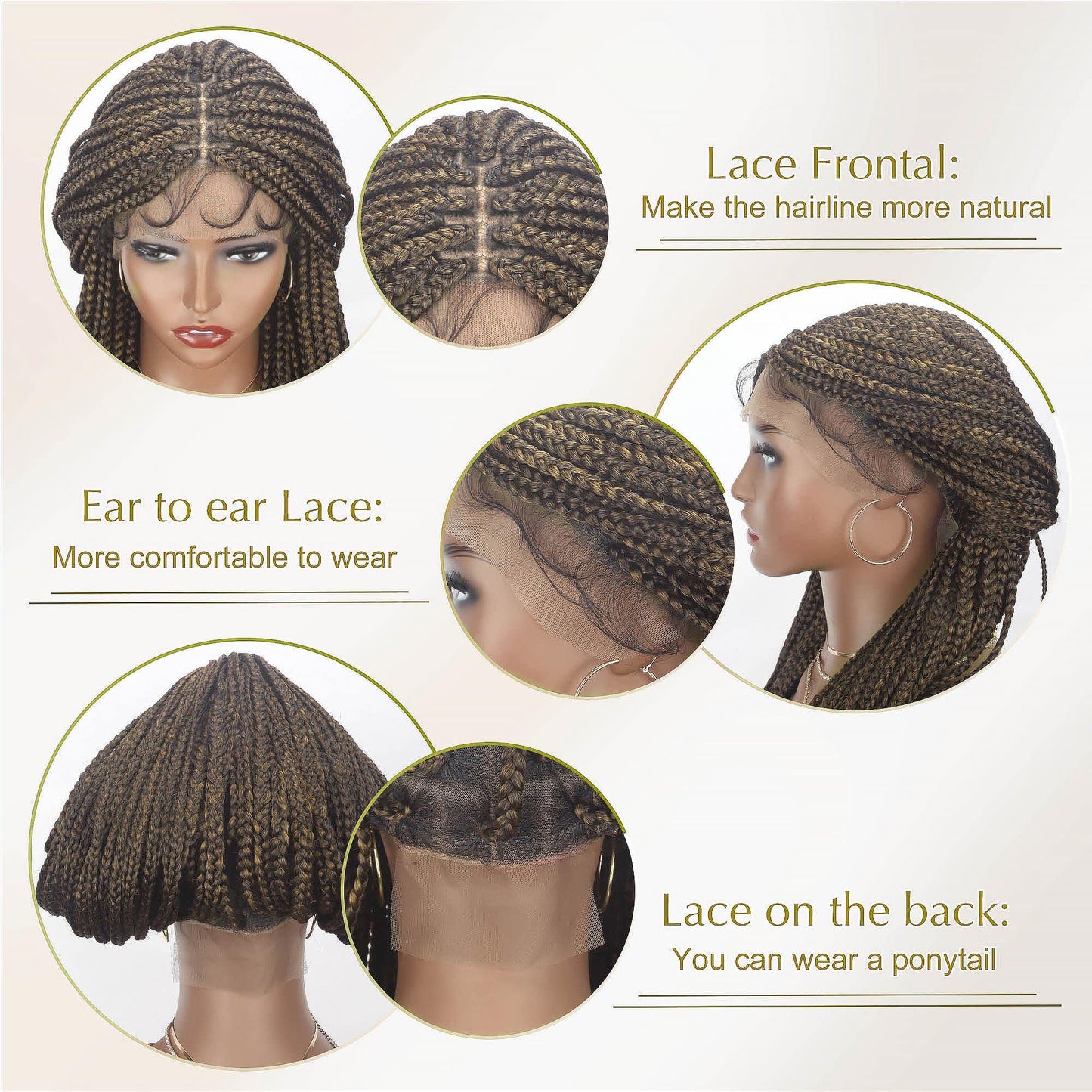 Alebery 36" Full Lace Knotless Box Braided Wigs for Black Women Knotless Box Braids Lace Front Wig with Baby Hair Lightweight Synthetic Lace Frontal Light Brown Cornrow Twisted Braided Wigs (1B/27)