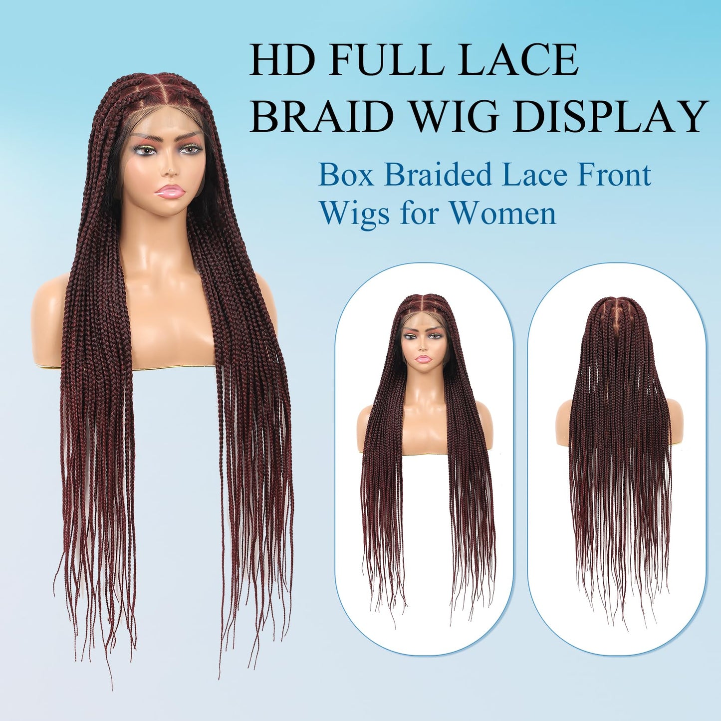 Olymei 360° Hd Full Lace Large Square Knotless Braided Wigs for Women Box Braid Wig with Baby Hair Long Burgundy Premium Synthetic Braided Lace Front Wigs 36"