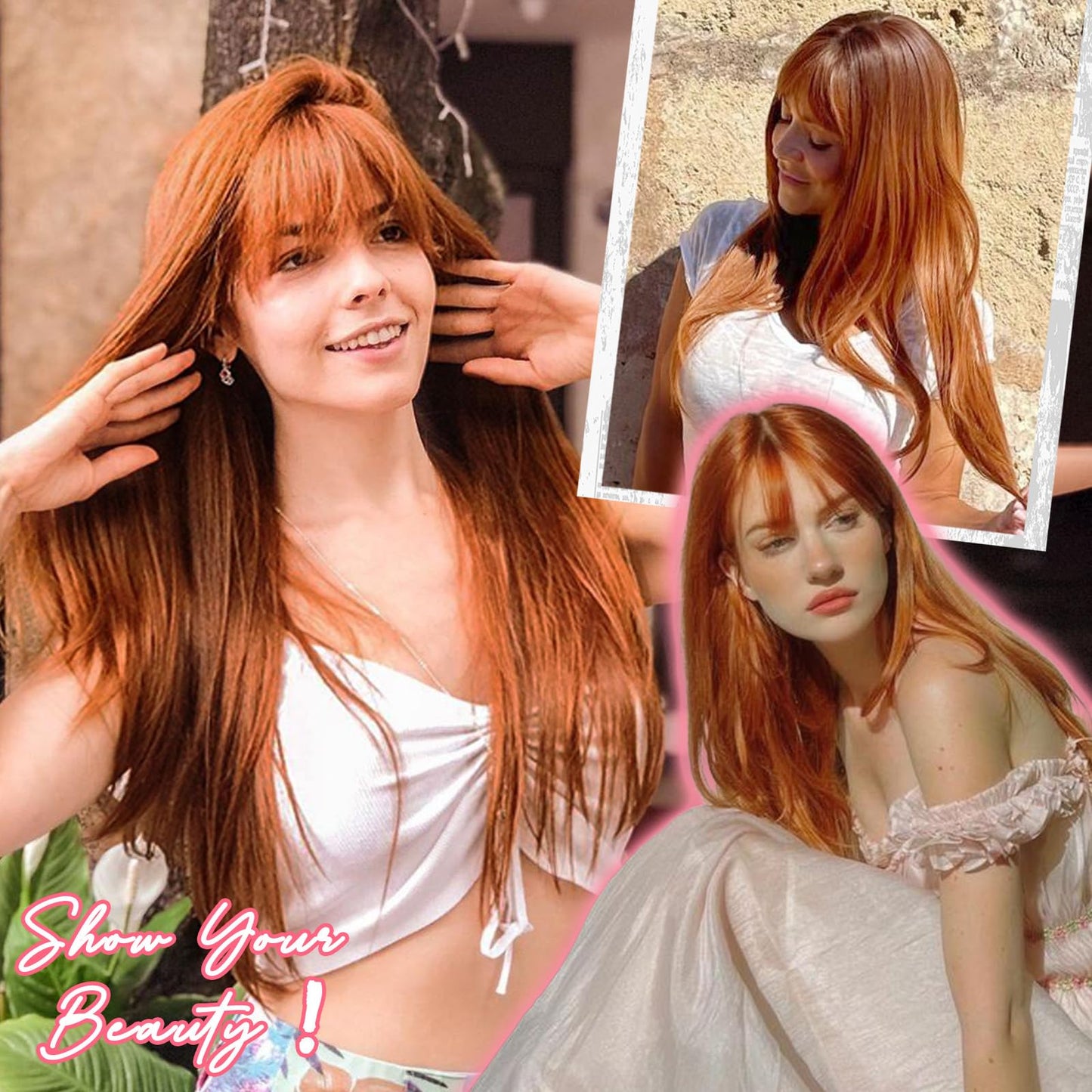NOVFLKW Ginger Wig with Bangs for Women Long Straight Layered Hairstyle Put on Go Realistic Synthetic Heat Resistant Natural Wig for Girls Party Cosplay and Daily Use 26 inch