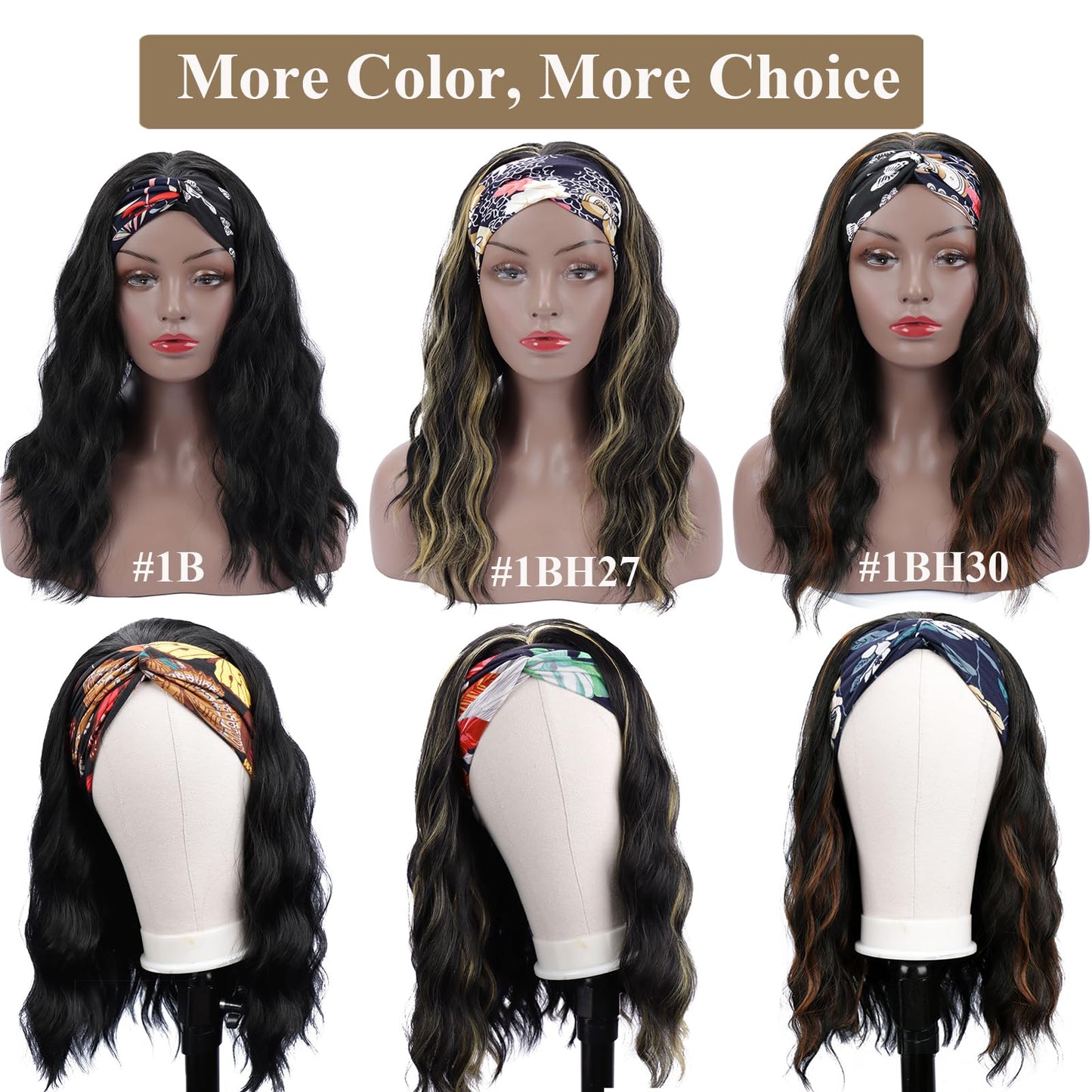 Colorful Queen Glueless Headband Wig Synthetic Long Black Body Wave Headband Wigs for Black Women Natural Looking Wavy Wig Heat Resistant 180% Density(16inch, 1B/H30#)