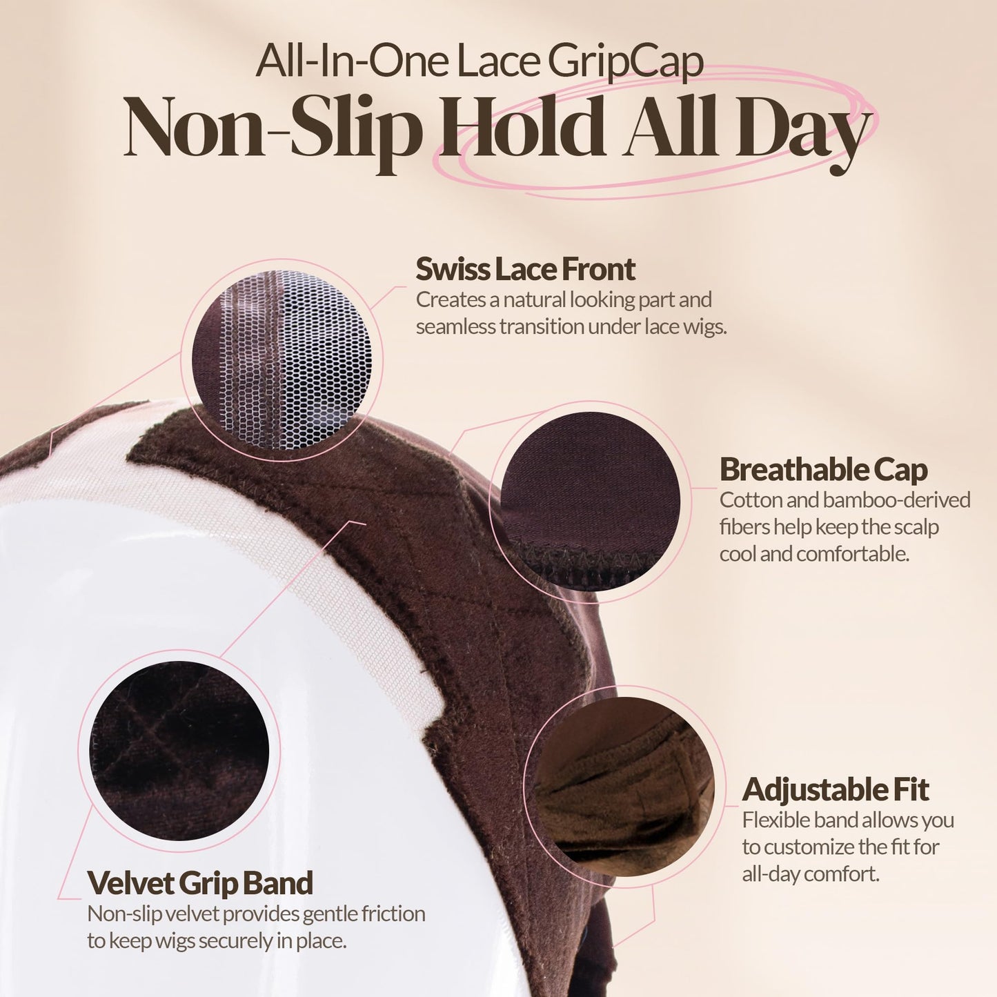 MILANO COLLECTION Lace Wig Grip Cap for Women, Adjustable Wig Caps for Women Non Slip with Headband to Secure Lace Top Perfectly in Place, One Size Fits All, One Size Fits All, Chocolate Brown