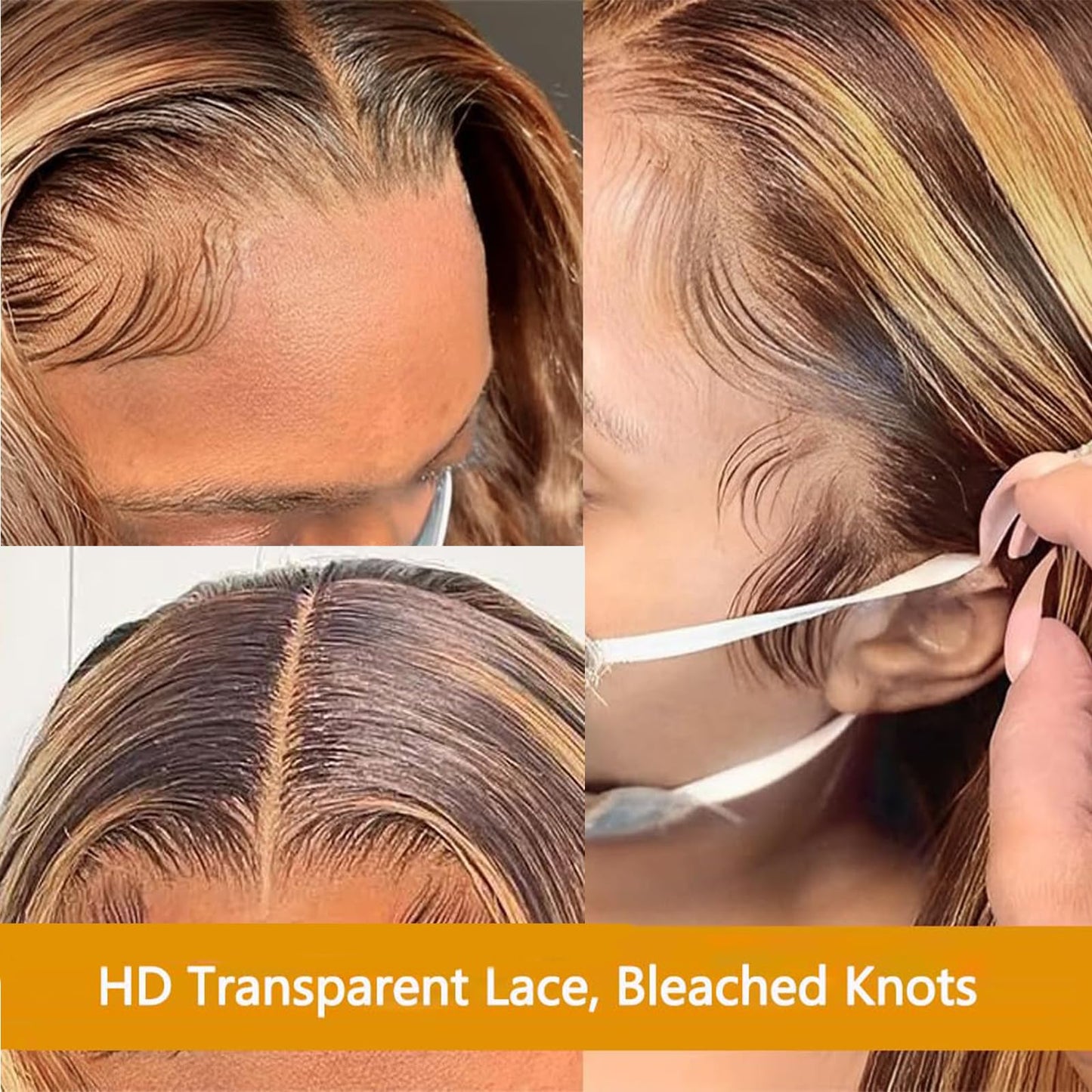 13x6 Ombre Highlight Lace Front Wigs Human Hair Pre Plucked HD Transparent Straight Lace Frontal Wigs 180% Density Glueless 4/27 Colored Honey Blonde Human Hair Wig for Women with Baby Hair 20Inch