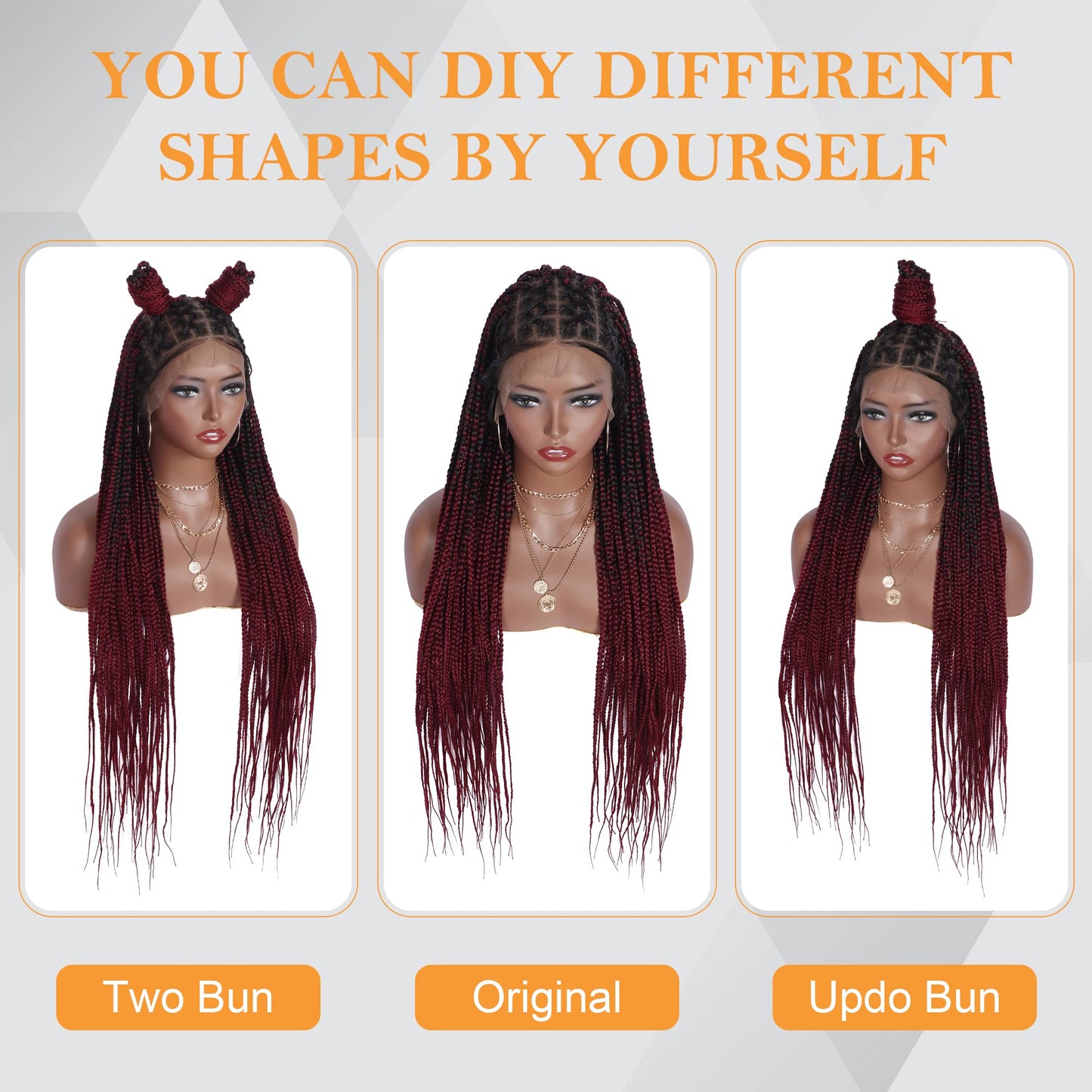 Alebery 36" Full Lace Criss Cross Knotless Box Braided Wigs for Black Women Knotless Box Braids Lace Front Wig with Baby Hair Lightweight Synthetic Burgundy Cornrow Braided Wigs (1B/BG)
