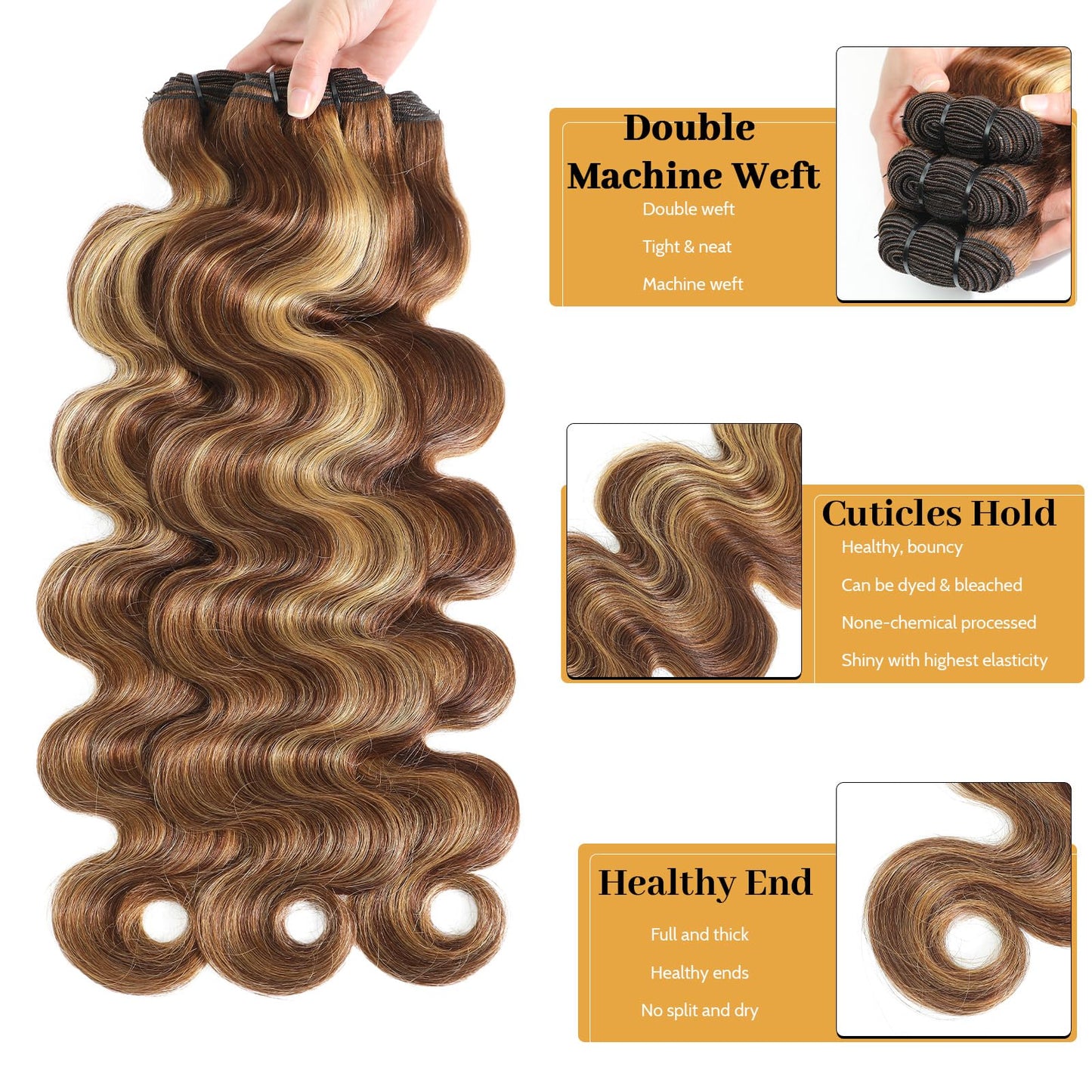 Ciracevi P4/27 Human Hair Bundles Highlight Body Wave Bundles Human Hair 15a Raw Indian Hair Body Wave Blonde 100% Bundles Hair Extensions(3 bundles 20 22 24)