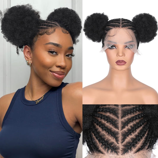 Lady Miranda Full Lace Braided Wig with Afro Puff Wigs for Black Women Short Braid Wig with Baby Hair Cornrow Box Braid Wigs for Black Women Short Lace Front Synthetic Fully Handmade Hair