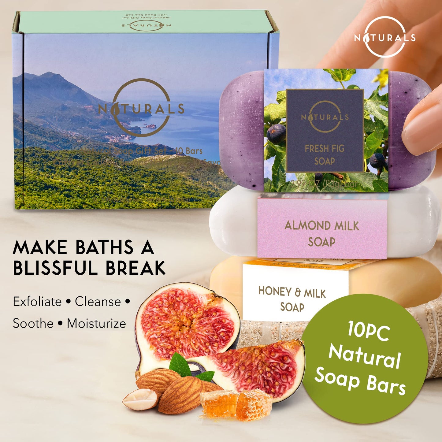 O NATURALS 100% Natural Bar Soap - Gift Set - Organic Ingredients & Essential Oils - Spa Gifts for Women & Men, Body Wash & Face Soap - 10PC Variety Soaps Collection