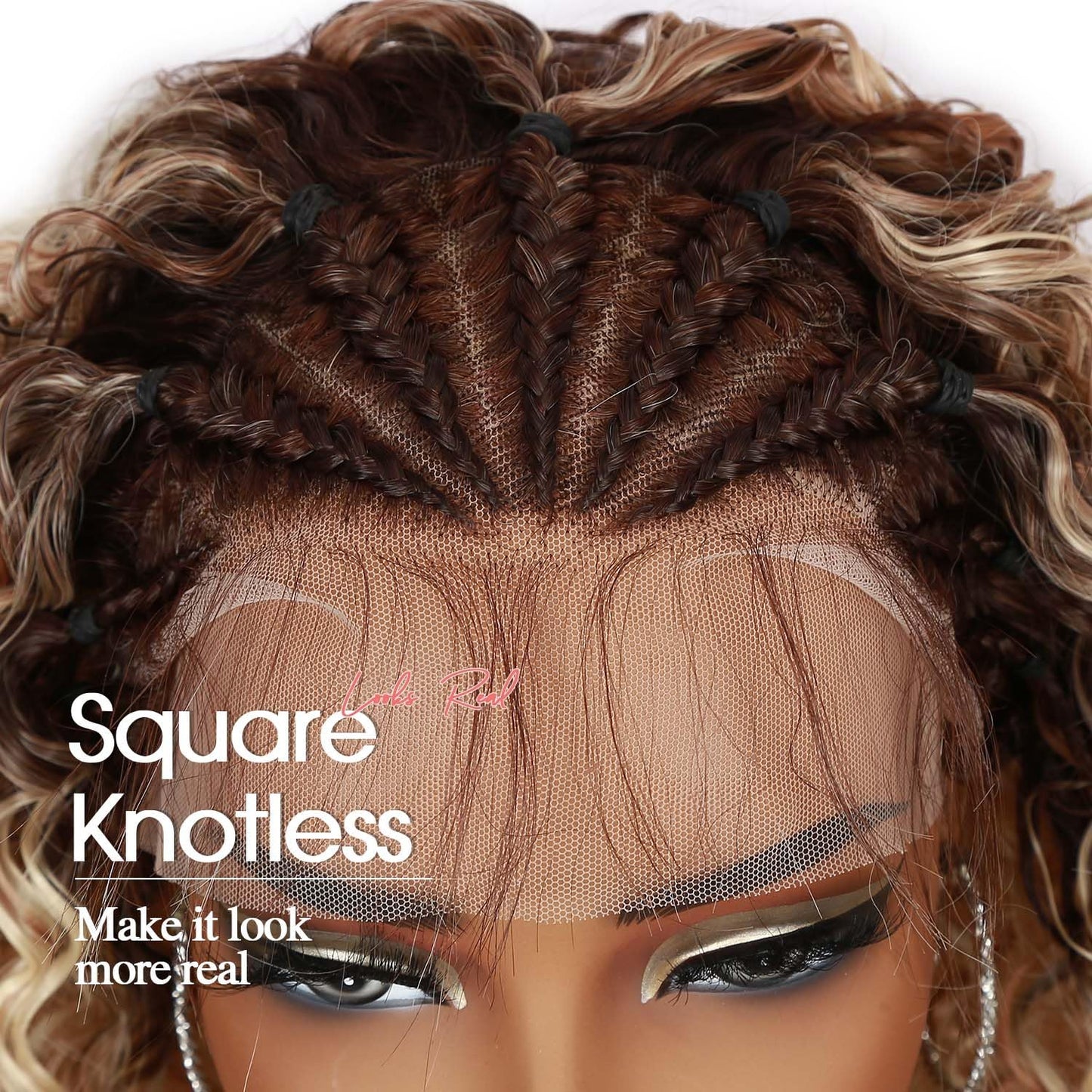 Fancy Hair Braided Wig Cornrow with Curly Hair Wig HD Lace Front with Baby Hair Pre Plucked Glueless Transparent 13x4 Inch Lace Frontal Wig for Black Women (Ombre Blonde, 16 inches)