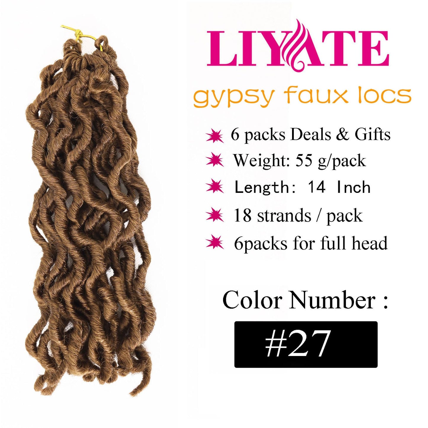 14 Inch Wavy Gypsy Locs Crochet Hair 6 Packs Blonde Goddess Faux Locs Crochet hair African Roots Synthetic Braiding Hair Extensions for Black Women, 27#