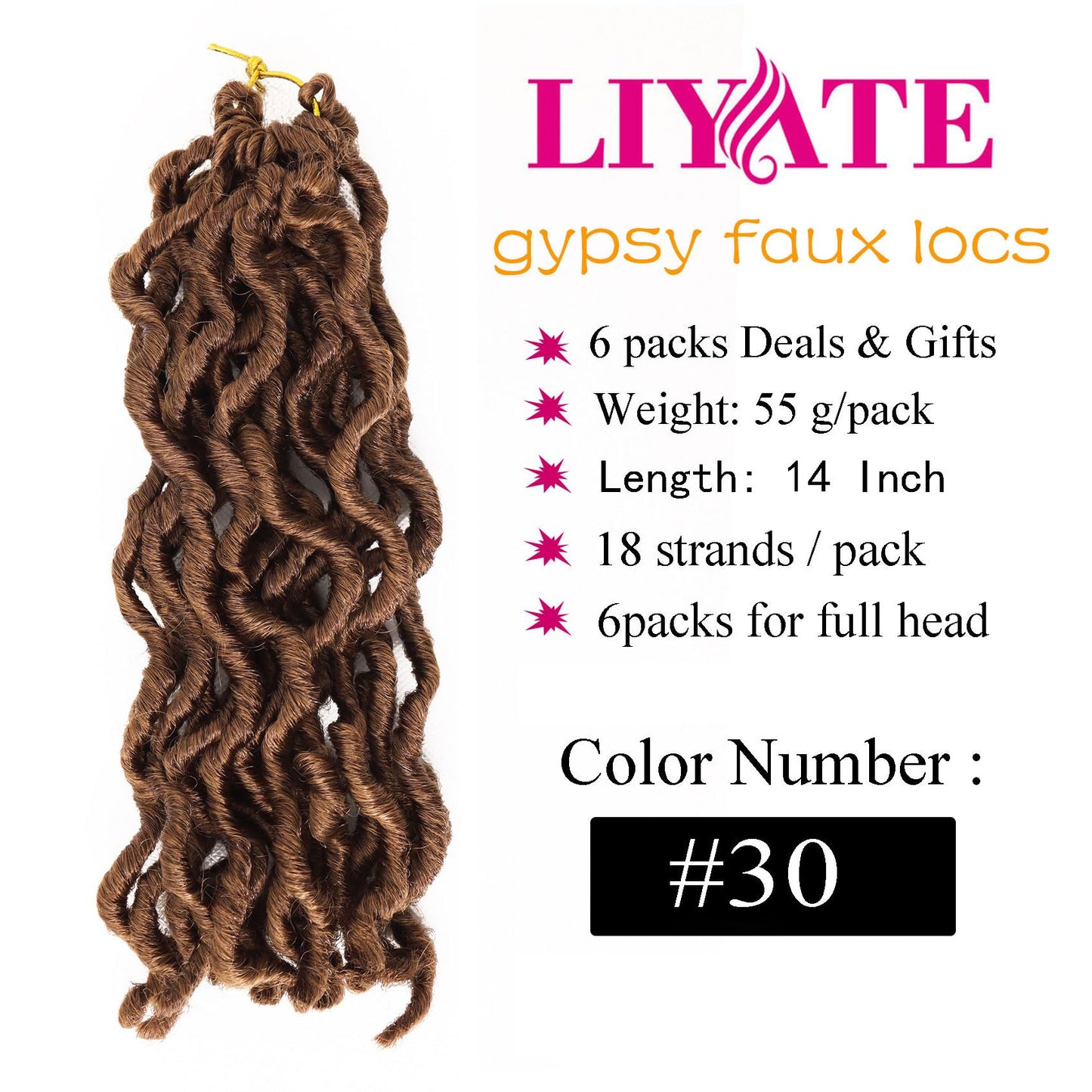 14 Inch Wavy Gypsy Locs Crochet Hair 6 Packs Brwon Goddess Faux Locs Crochet hair African Roots Synthetic Braiding Hair Extensions for Black Women, 30#