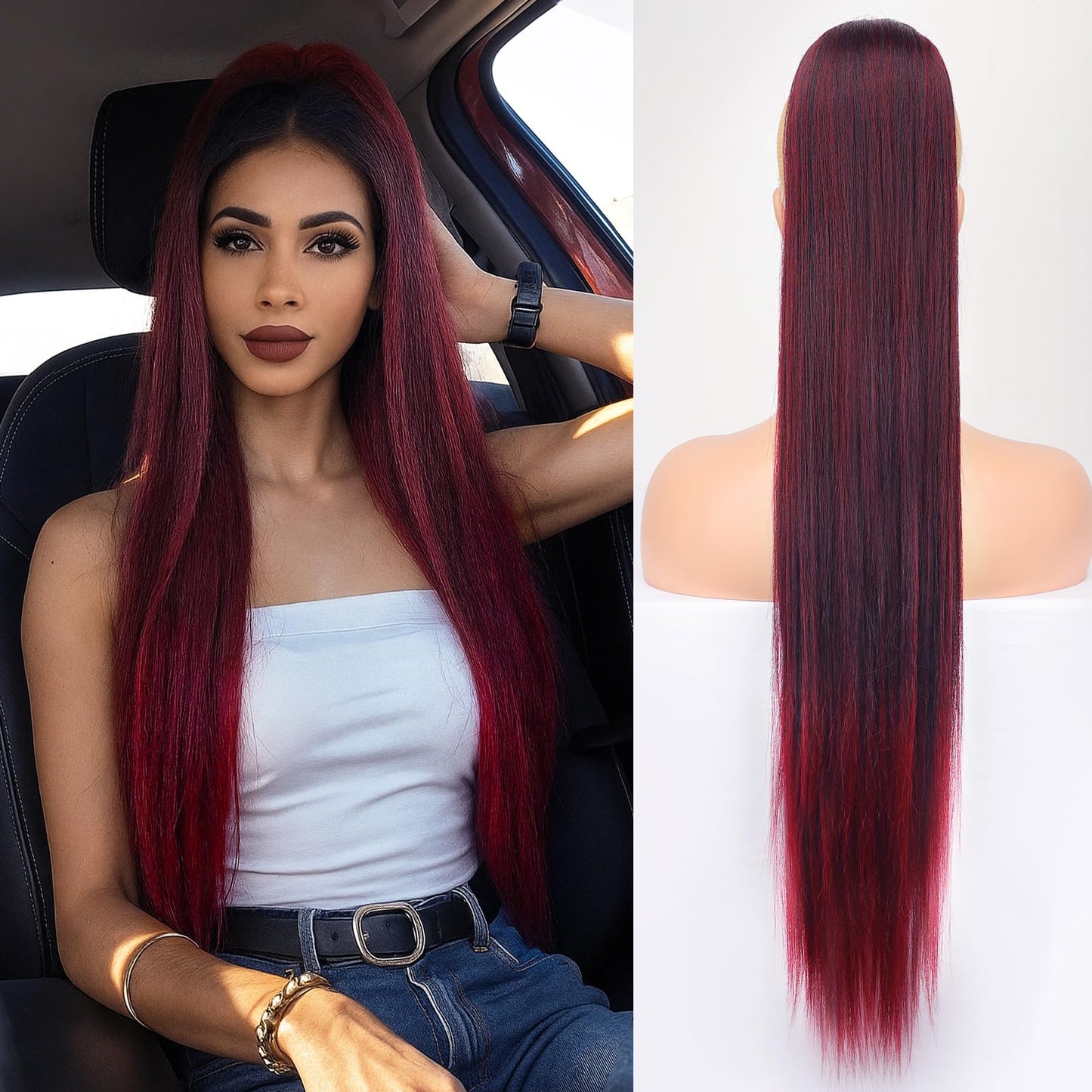 ORSUNCER Drawstring Ponytail Extension, Long Straight Pony Tails Hair Extensions Natural Soft Clip in Ponytail for Women Synthetic Hairpieces Omber Burgundy