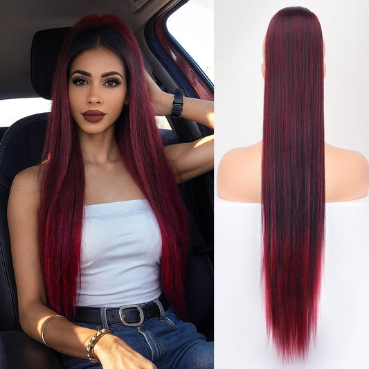 ORSUNCER Drawstring Ponytail Extension, Long Straight Pony Tails Hair Extensions Natural Soft Clip in Ponytail for Women Synthetic Hairpieces Omber Burgundy