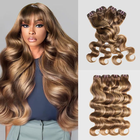 Human Hair Bundles 4 Bundle 16 18 20 22 Inch Hair Extensions Honey Blonde Highlight Body Wave Bundles Human Hair 100% Unprocessed Brazilian Virgin Hair Quick Weave Bundles Human Hair P4/27
