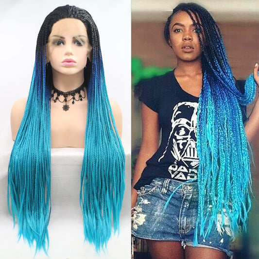 Blue Box Braided Wig for Women Long Ombre Black Sky Blue Knotless Cornrow Braids Lace Frontal Wig Hand Synthetic Lightweight Twist Braid Wigs Glueless Braiding Hair Heat Resistant Cosplay 26 Inch