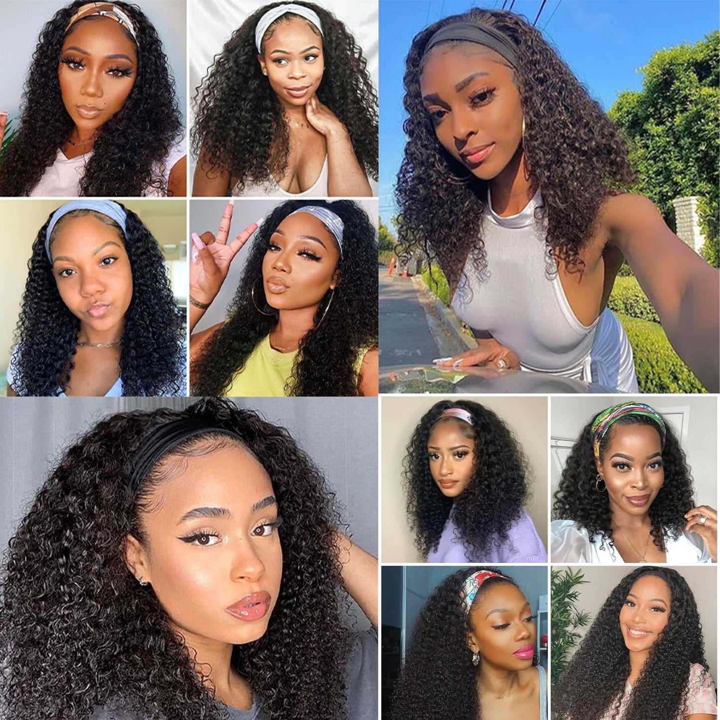 Semicaop Curly Headband Wig Human Hair 16 Inch Headband Wigs for Black Women Human Hair Glueless Wear and Go Human Hair Headband Wig Curly 150% Density Natural Black