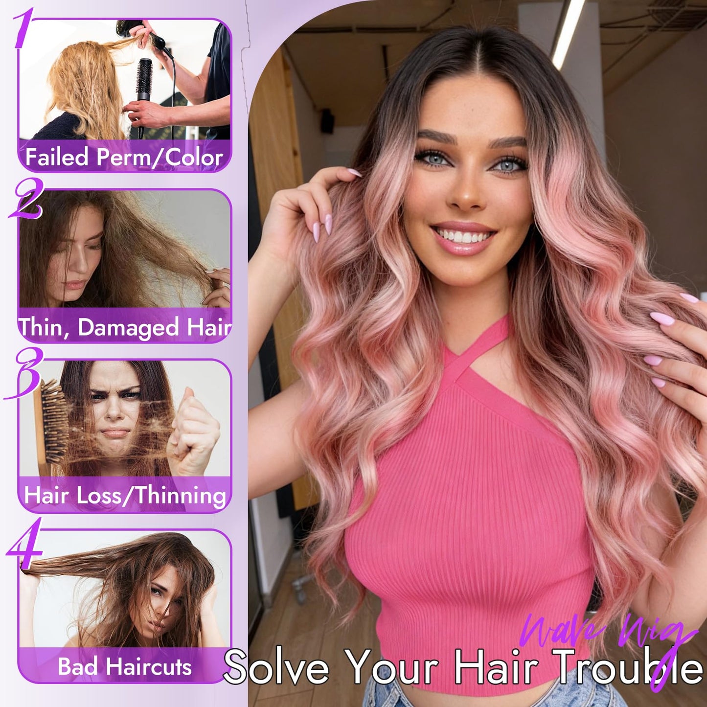 Eawwii Ombre Pink Wig for Women Long Wavy 4x1 Lace Natural Hairline Glueless for Beginners Middle Part Synthetic for Daily Party Use 26Inch