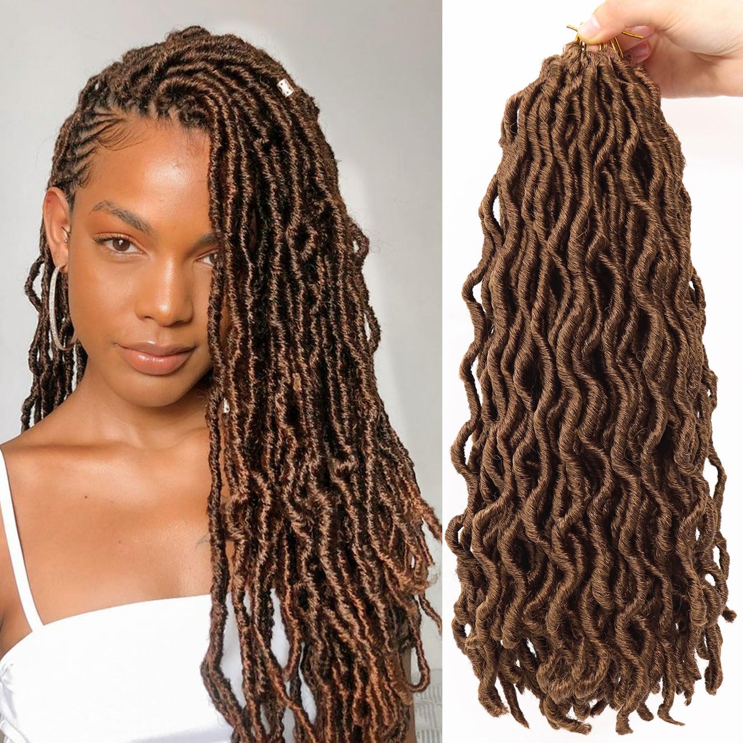 14 Inch Wavy Gypsy Locs Crochet Hair 6 Packs Brwon Goddess Faux Locs Crochet hair African Roots Synthetic Braiding Hair Extensions for Black Women, 30#
