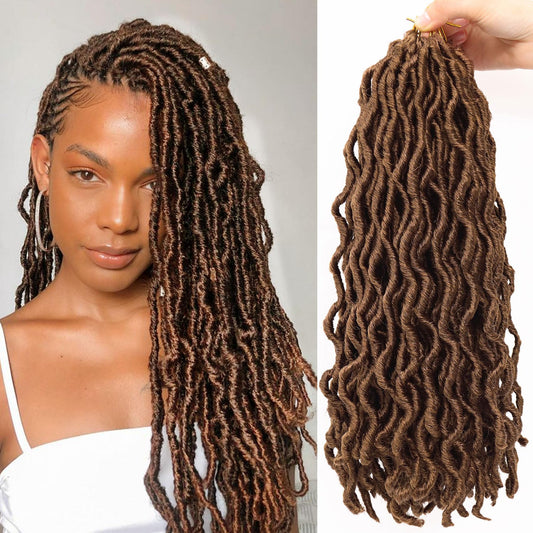 14 Inch Wavy Gypsy Locs Crochet Hair 6 Packs Brwon Goddess Faux Locs Crochet hair African Roots Synthetic Braiding Hair Extensions for Black Women, 30#