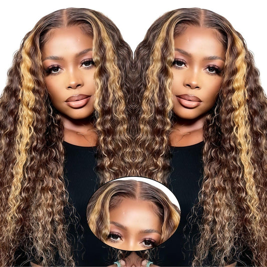 PYY 4/27 Highlight Glueless Deep Wave Wig Human Hair, 5x5 HD Lace Wear and Go Pre Plucked Pre Cut Wig for Women, Beginner Friendly, Natural Hairline, No Glue Needed 30Inch