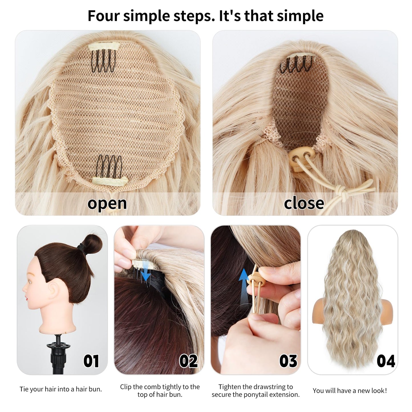 26 inch Drawstring Ponytail Extension for Women, Long Wavy Pony Tails Hair Extensions, Synthetic Hair Extensions Ponytail for Daily Use (Ash Blonde with White Highlights)