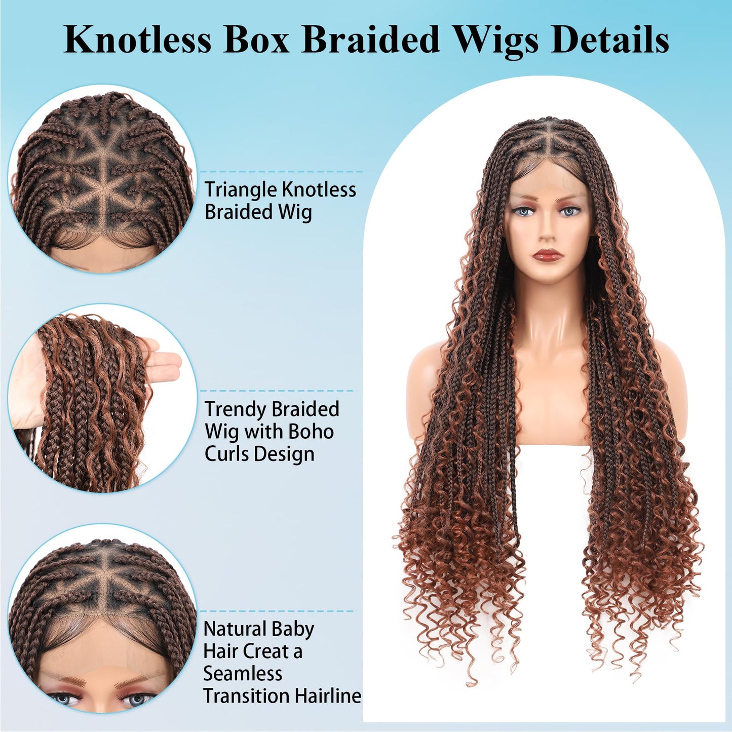 Olymei Boho Braided Wigs for Black Women Knotless Braided Wigs Box Braid Wig with Baby Hair Full Double Lace Ombre Brown Boho Braided Wig Premium Synthetic Lace Braided Wig,36" Double Lace