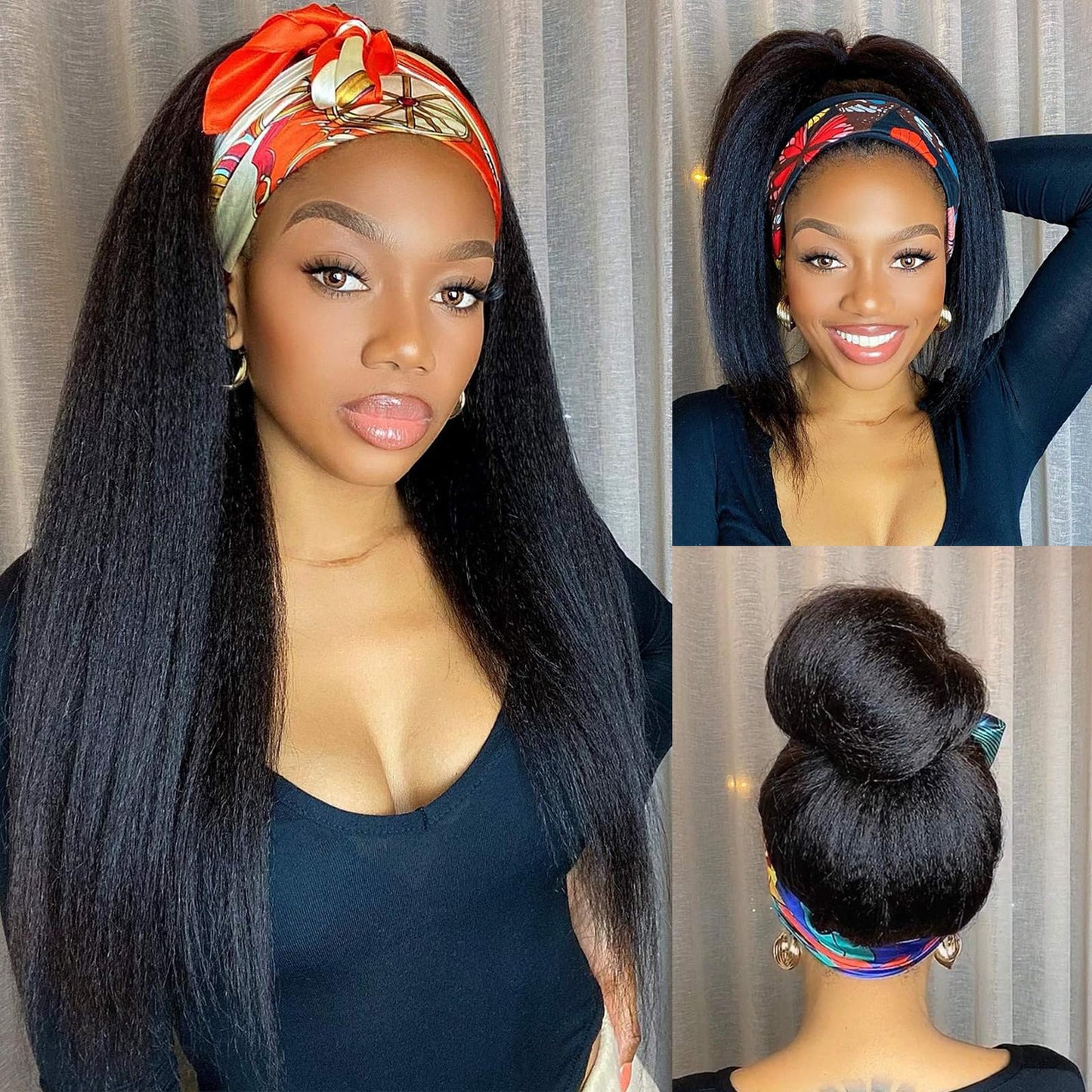 WIGNEE Kinky Straight Headband Wig for Women, 22 Inches, Yaki Straight Wigs with Black Headband, Synthetic Hair, Easy to Style, No Lace Front, No Glue