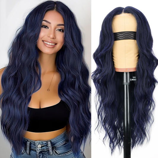 AISI HAIR Dark blue Wigs for Women, Long Wavy Lace Hairline Middle Part Synthetic Heat Resistant Wig for Daily Party-26 Inch