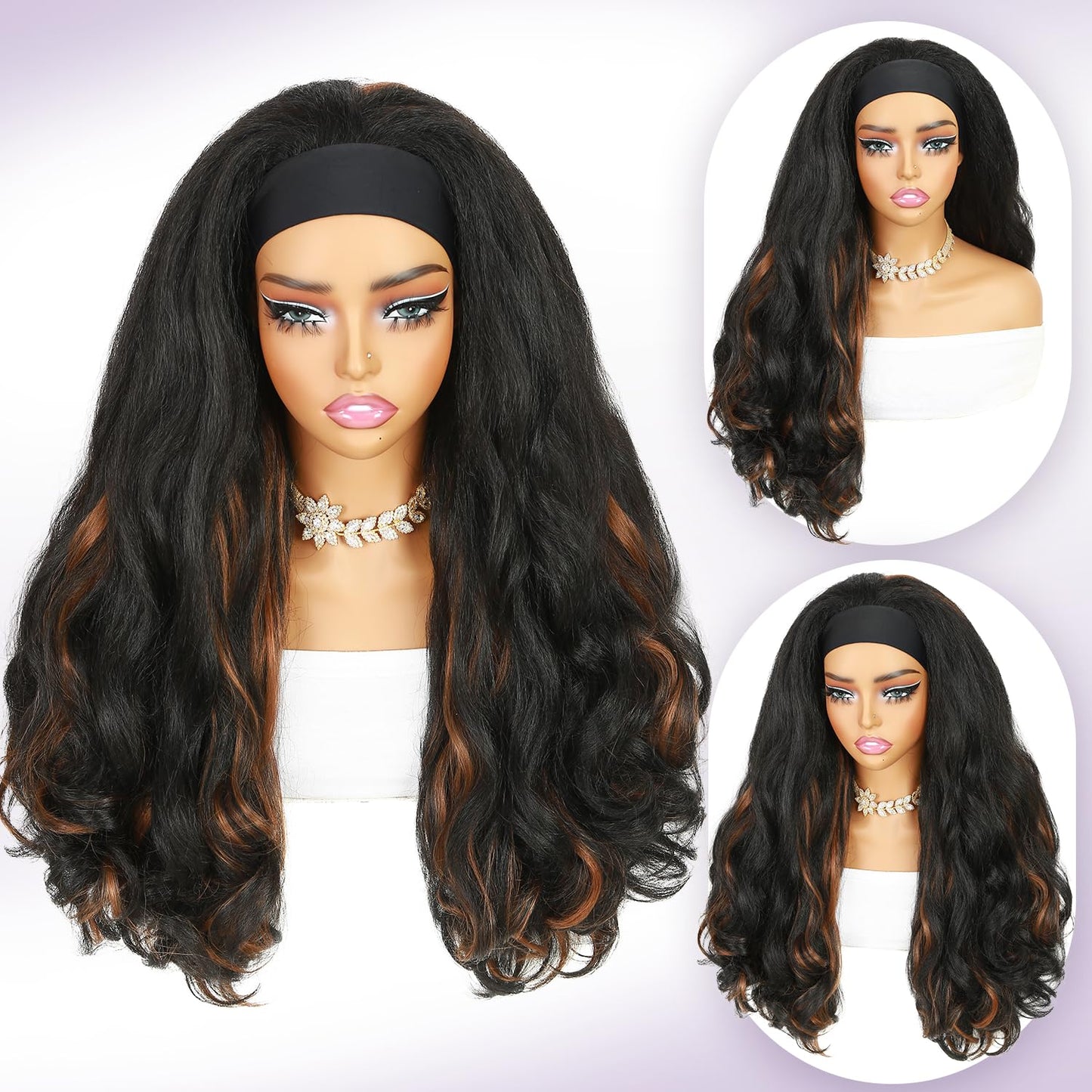Quantum Love Yaki Curly Headband Wigs for Black Women Kinky Straight Ombre Brown Headband Curly Ends Synthetic Wear and Go Glueless half Wig with Headbands Attached