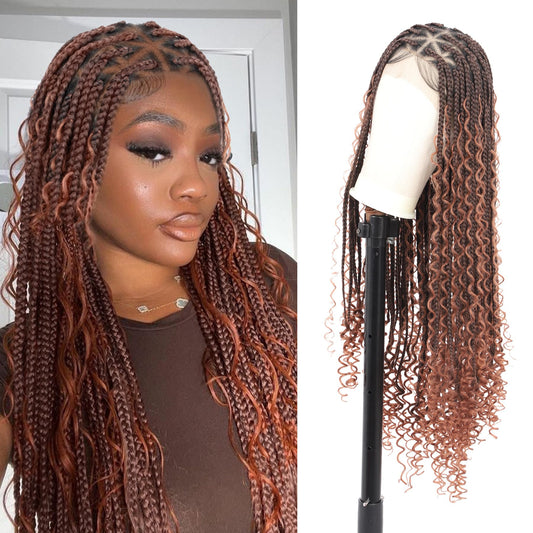 Olymei Boho Braided Wigs for Black Women Knotless Braided Wigs Box Braid Wig with Baby Hair Full Double Lace Ombre Brown Boho Braided Wig Premium Synthetic Lace Braided Wig,36" Double Lace