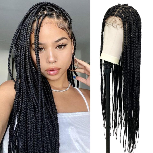 Janyuwool 36" Full Lace Knotless Braided Wigs Lace Frontal Box Braided Wigs for Black Women Human Hair Blended Full Double Lace Braid Wig with Baby Hair Braids Lace Front Wig for Women (Black)