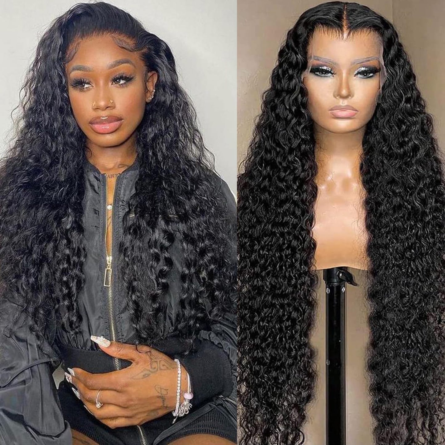 KVFCT 13x6 HD Deep Wave Lace front Wigs Human Hair Pre Plucked 26 Inch Deep Curly Human Hair Wig Glueless Deep Wave Frontal Wigs for Women Curly Lace Front Wig with Baby Hair