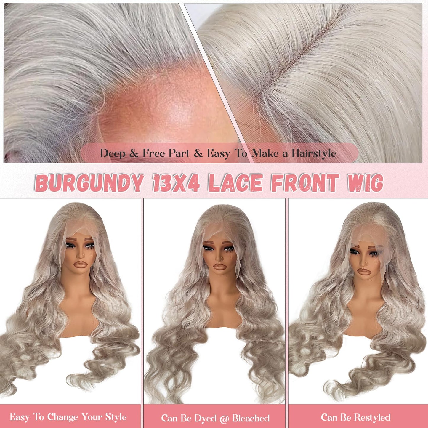 13x6 Lace Front Wig Human Hair, 180% Density Mini Knots HD Invisible Lace Wig for Women Free Part Glueless Silver Grey Colored Human Hair Wigs Long 34 Inch