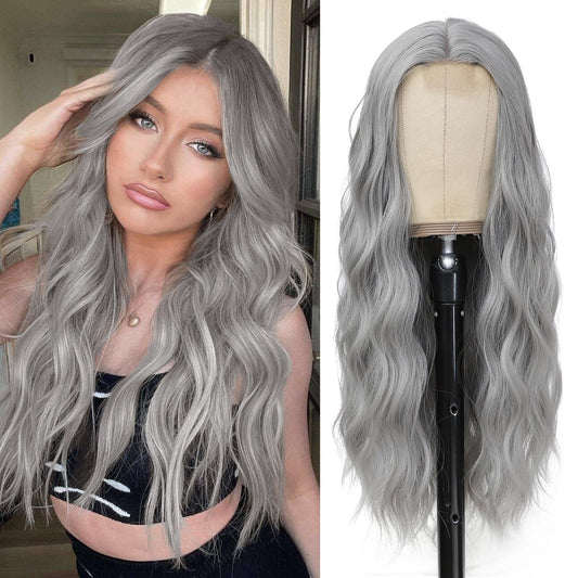 YBYMCAI Grey Wig - Long Sliver Wavy Wigs for Women Middle Part Gray Wig 26 inch Natural Curly Synthetic Wig Heat Resistant Fiber Wigs for Daily Party Use