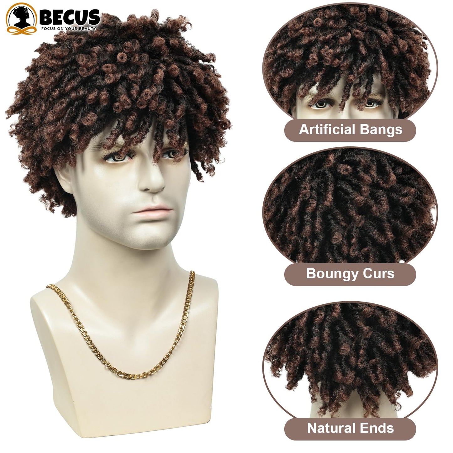 BECUS Dreadlock Wig For Men Dreads Wig Fake Dreads Short Braided Wigs Synthetic Wigs Faux Locs Glueless Curly Hair Black Men Brown Hair Daily Hollaween Party(Brown)