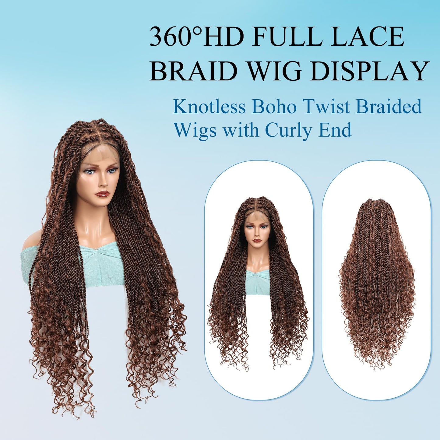 Olymei 360° HD Full Lace Braided Wigs for Women Knotless Boho Braided Wigs Twisted Braid Lace Wig with Baby Hair Premium Synthetic Braid Lace Front Wig Brown 36"