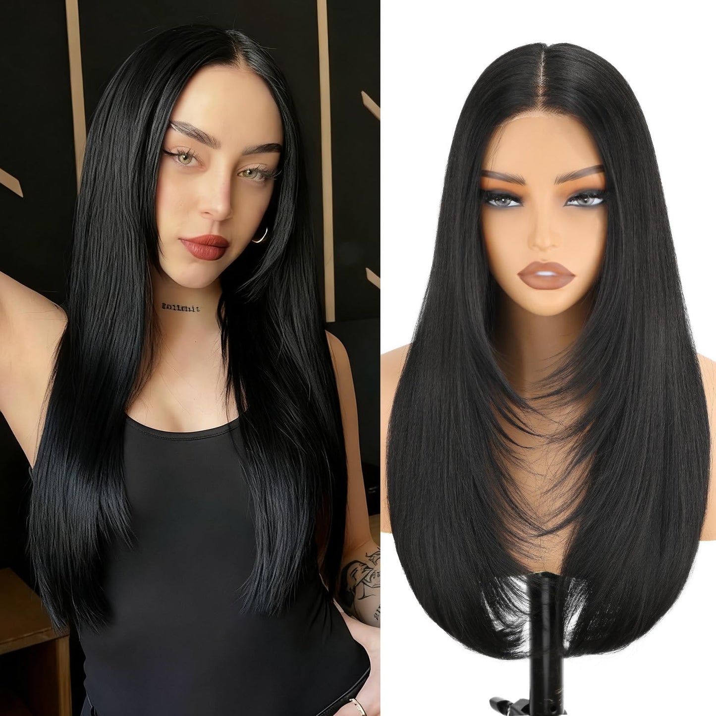 NOSTALGIA Black Wear and Go Glueless Wigs Straight Lace Front Wig Pre Cut Glueless Synthetic Layered Wig 24 Inch Middle Part Closure Wig For Women