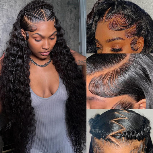 Vnrtkkn 32 Inch 13x6 HD Transparent Deep Wave Lace Front Wigs Human Hair 200 Density Pre Plucked Deep Wave Wig Glueless Wigs Human Hair Lace Frontal Wigs with Baby Hair Curly Human Hair Wig for Women