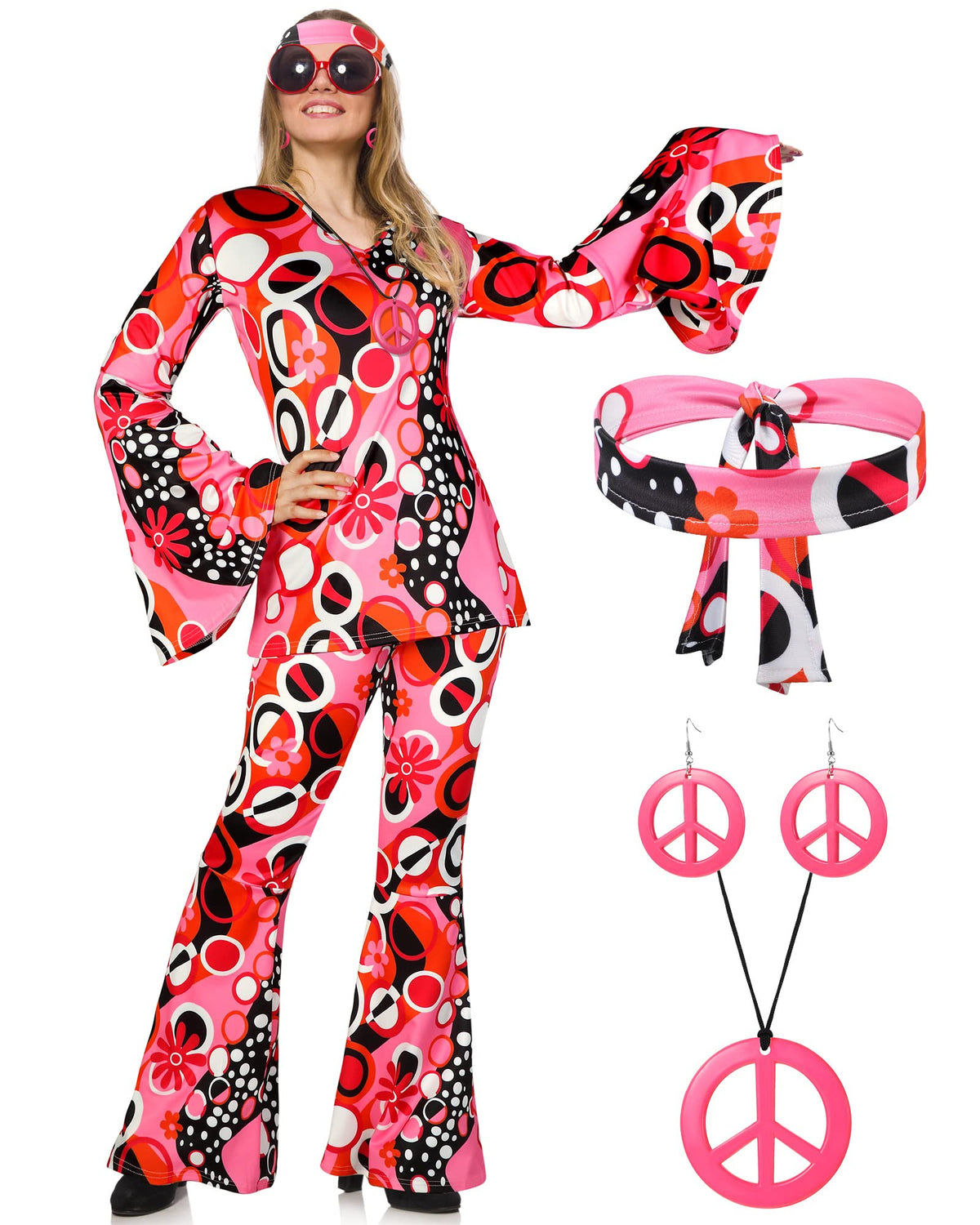 Haysandy Disco Costume Women 70s Hippie Bell Bottom Outfit, Rose Red