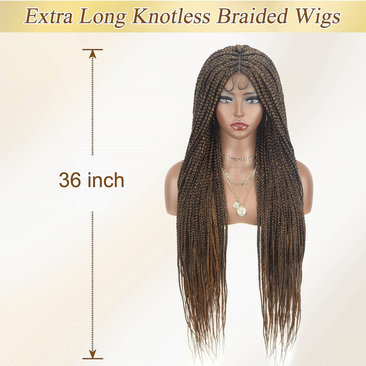 Alebery 36" Full Lace Knotless Box Braided Wigs for Black Women Knotless Box Braids Lace Front Wig with Baby Hair Lightweight Synthetic Lace Frontal Light Brown Cornrow Twisted Braided Wigs (1B/27)