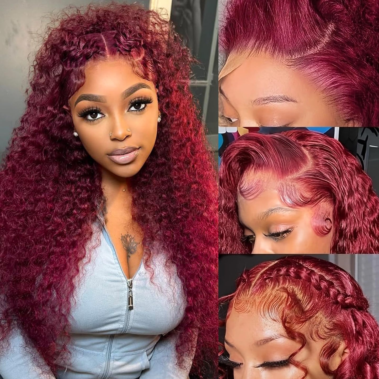 ANDRIA 13x4 HD Transparent Lace Front Wigs 26 Inch Wine Red Deep Wave with Baby Hair Pre-Plucked Glueless Burgundy 200% Density Natural Color Long Synthetic Deep Curly Wigs For Black Woman