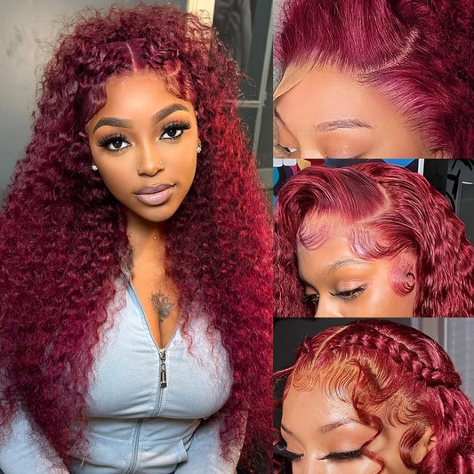 ANDRIA 13x4 HD Transparent Lace Front Wigs 26 Inch Wine Red Deep Wave with Baby Hair Pre-Plucked Glueless Burgundy 200% Density Natural Color Long Synthetic Deep Curly Wigs For Black Woman