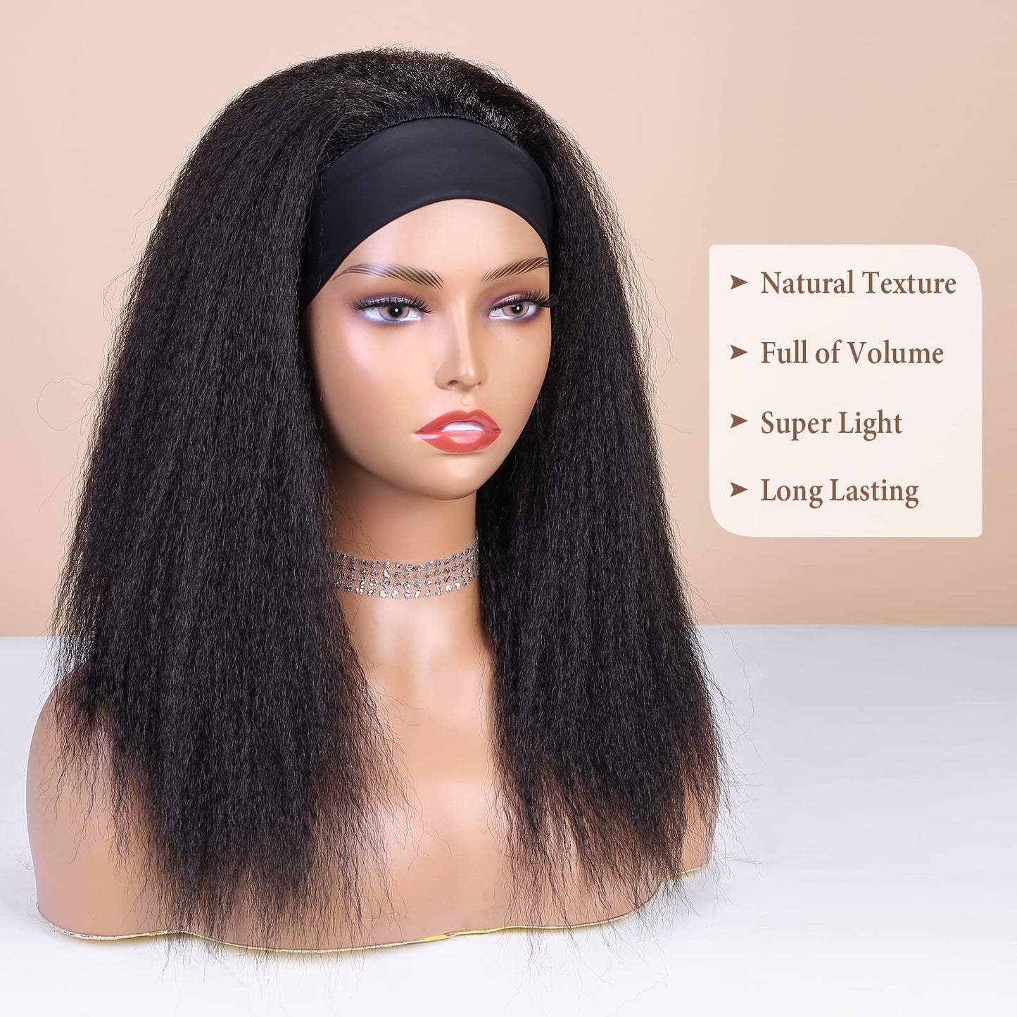 WIGNEE 18 Inches Kinky Straight Headband Wig for Women Yaki Straight Wigs with Black Headband Kinky Afro Wigs For Black Women (1B, 18 Inch)