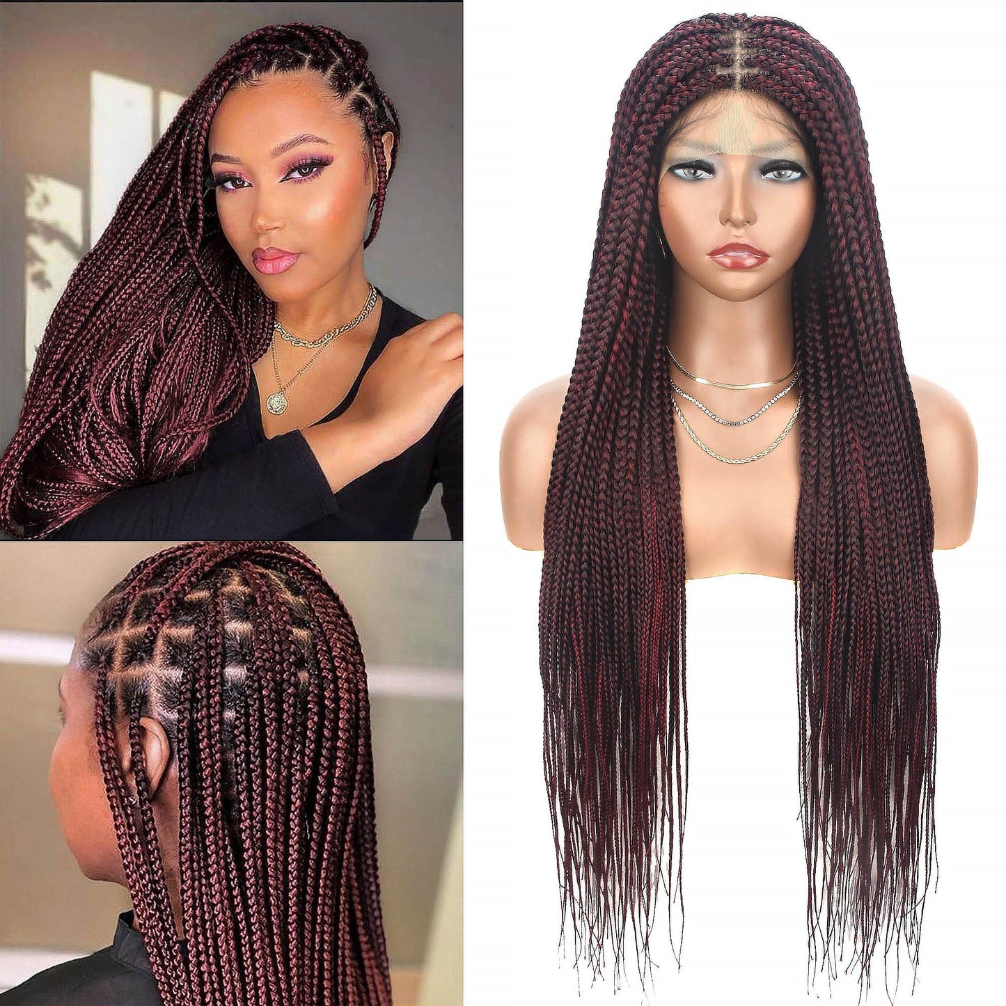 Alebery 36" Full Lace Knotless Box Braided Wigs for Black Women Knotless Box Braids Lace Front Wig with Baby Hair Lightweight Synthetic Lace Frontal Burgundy Cornrow Twisted Braided Wigs (1B/BG)