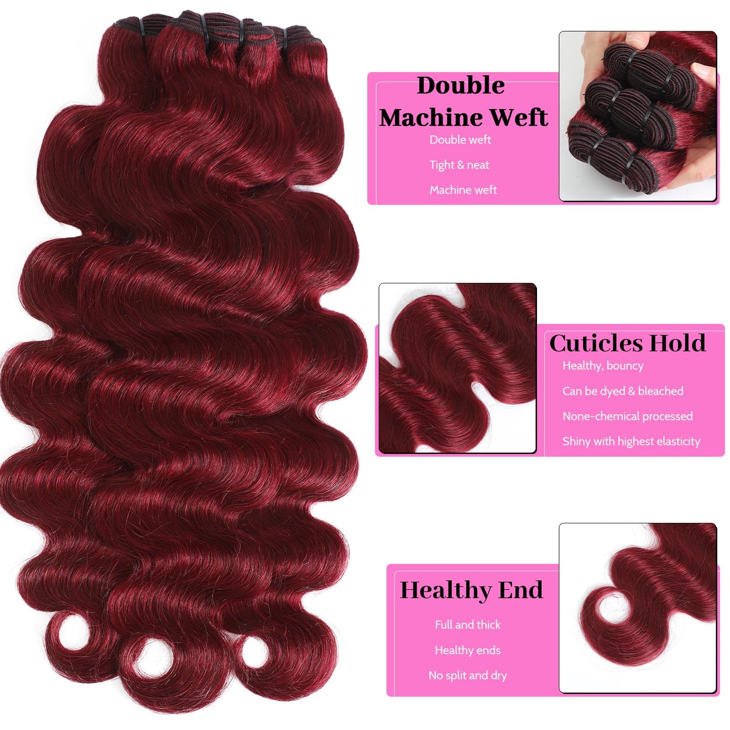Ciracevi 99J Red Body Wave Human Hair Bundles 15A Raw Indian Hair Bundle burgundy Body Wave Bundles Hair Extensions(3 bundles 16 18 20)