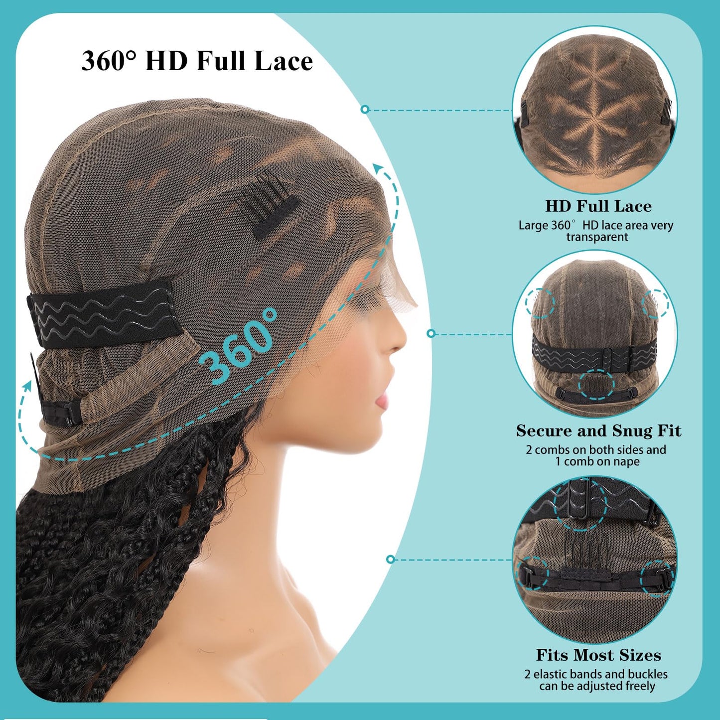 Kalyss HD Full Lace Triangle Knotless Boho Braided Wigs for Women 360 Lace Front Box Braided Wigs with Baby Hair Black Premium Synthetic Knotless Braid Wig 36"