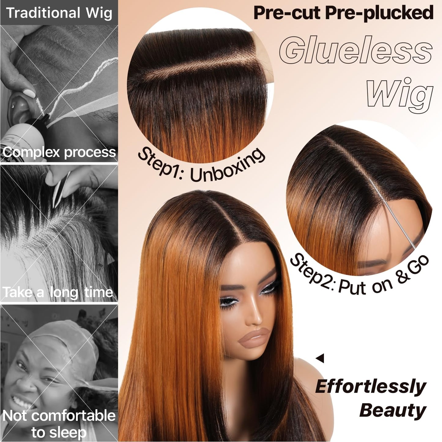 Brownbomb Ombre Orange Black Wear and Go Glueless Wigs Pre Plucked Pre Cut for Beginners Synthetic Lace Front Wigs With Bangs Long Straight layered Wigs HD Lace 26 Inch 3 Seconds to Wear for Beginners