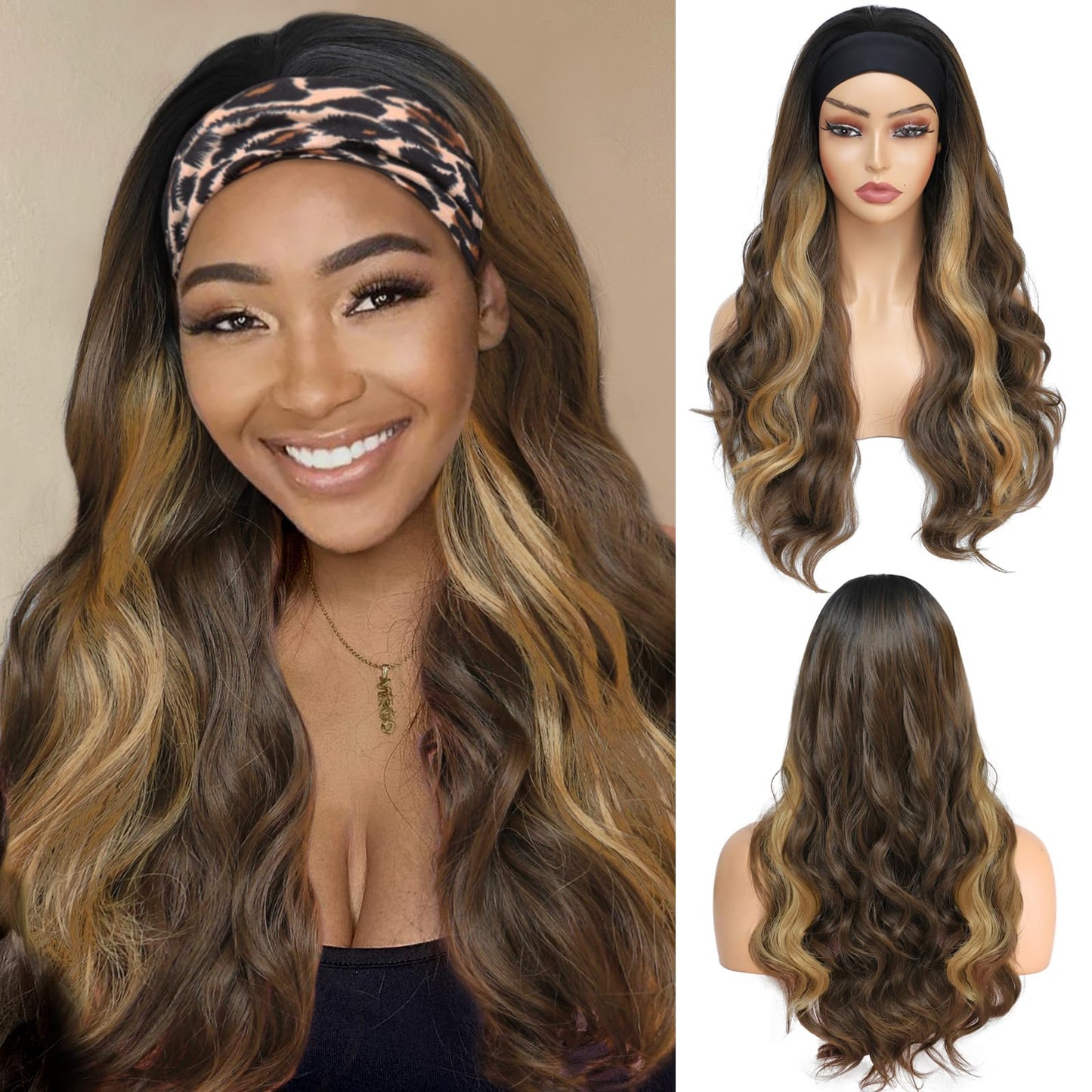 Colorful Queen Glueless Headband Wig Blonde Highlight Body Wave Headband Wigs for Women 26 Inch Long Wavy Wig Natural Looking Synthetic Heat Resistant Fiber Wig for Daily Party Use